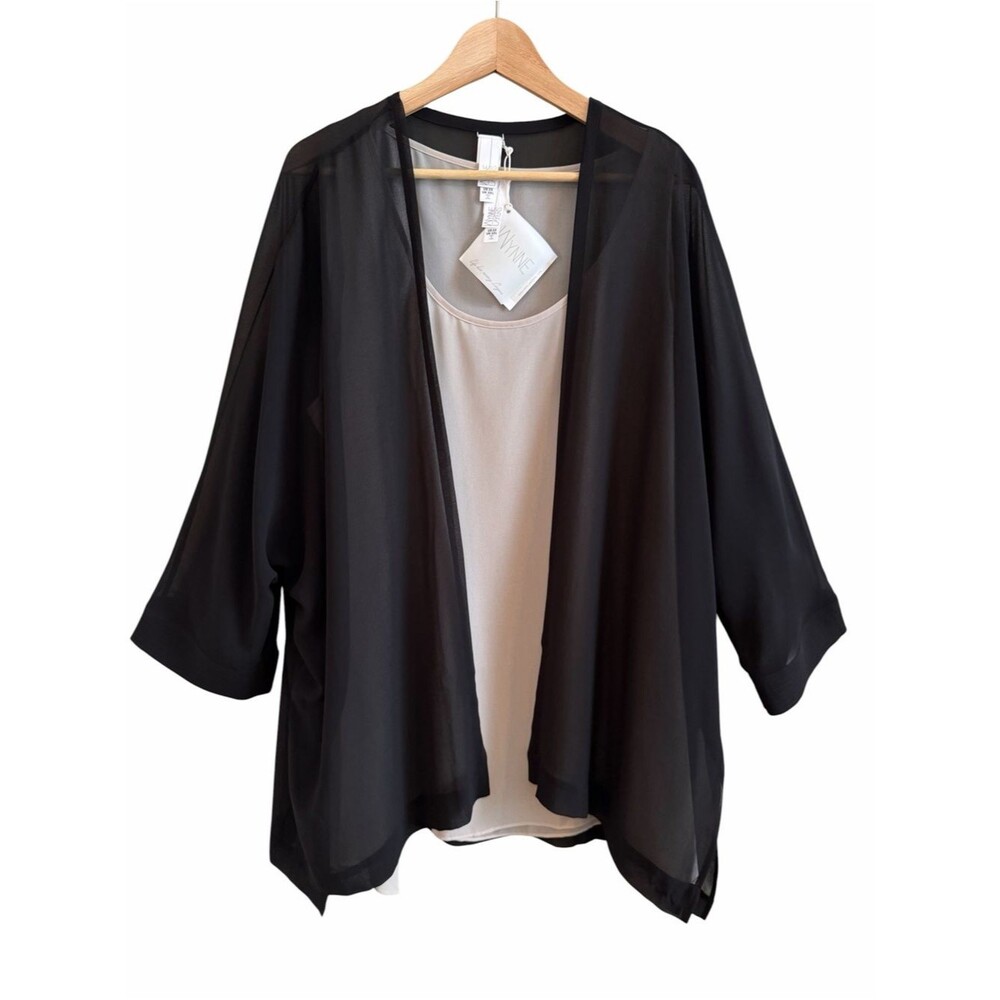 Wynne Layers 2 Pc Black Sheer Cardigan Tan Sleeveless Top Womens Sz 2X Flowy